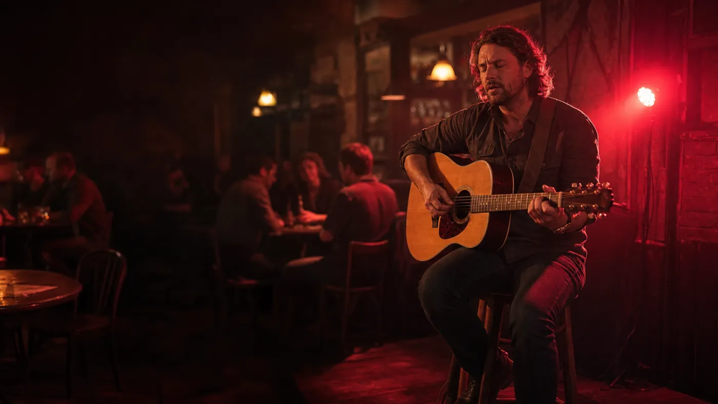 Muzician cântând acustic într-un pub