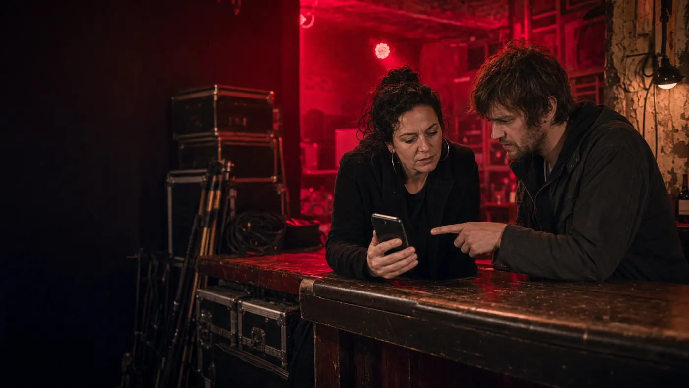 Managerul unei locații și un muzician stabilind detalii pe telefon, la bar