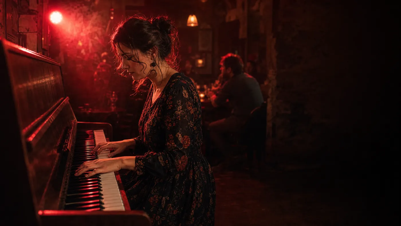 Pianistă cântând într‑un pub, seara
