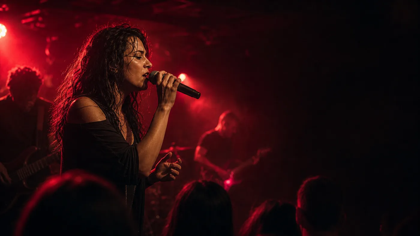 Vocalistă cântând pe scena unui club