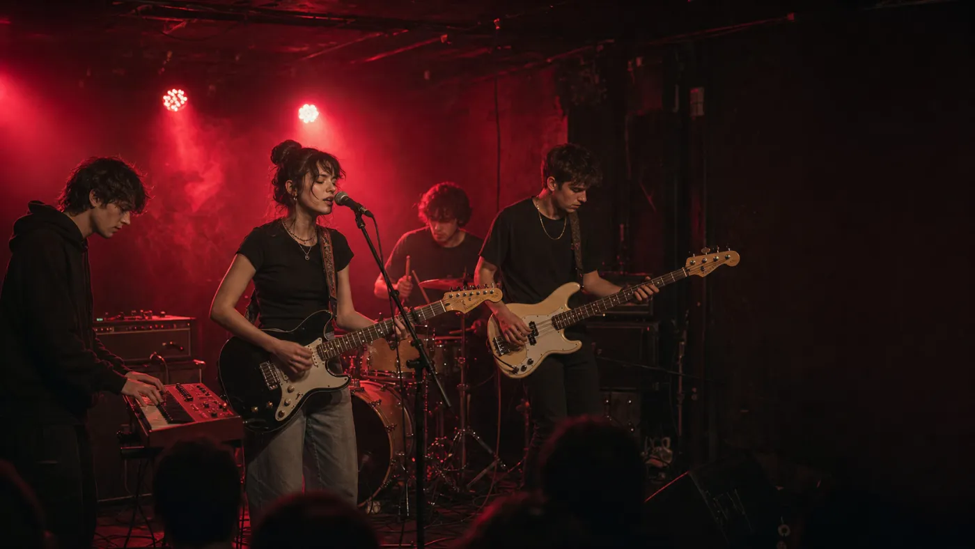 Trupă indie cântând într-un club