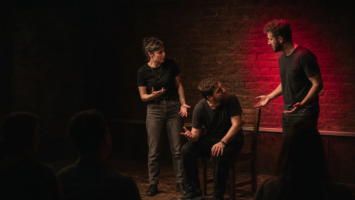 Trupă de teatru de improvizație pe scenă